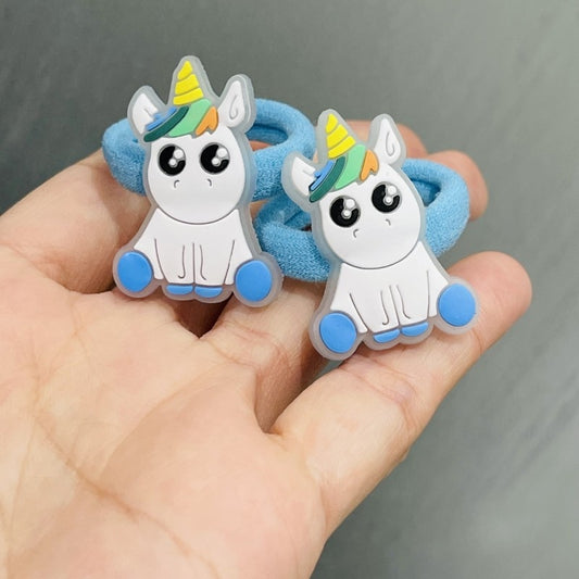 2Pcs Blue Unicorn Figure Girls Rubber Hair Clips Elastic Bands Children Headwear