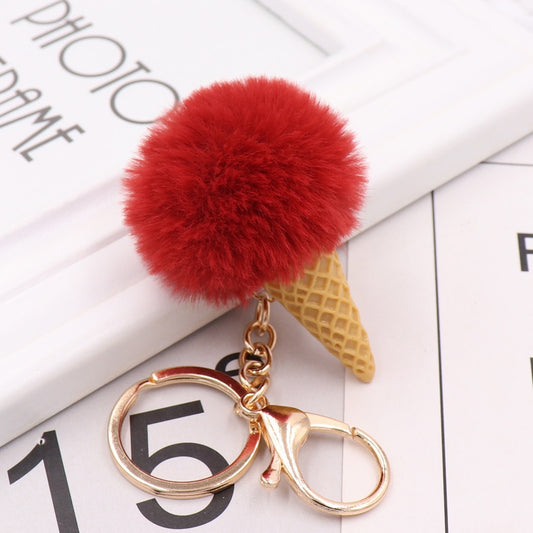 Wine Red Ice Cream Keychain Soft Artificial Rex Rabbit Hair Ball Keyring Pom Pom