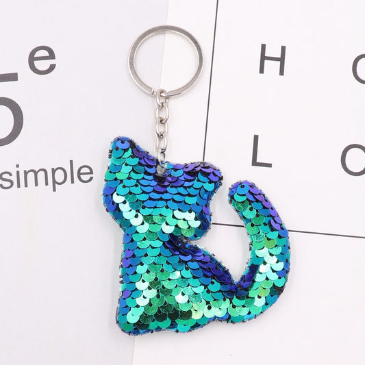 Blue Green Cat Sequins Keychain for Women Ladies Mom Gift Keyring Girl Car Bag