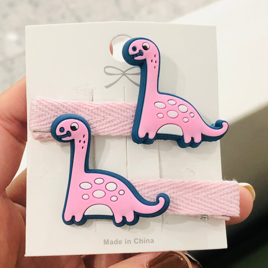 2Pcs Girly Pink Dinosaur with Dots Children Rubber Decor Hair Clips Kids Hair