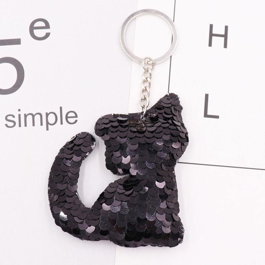 Black Cat Sequins Keychain for Women Ladies Mom Gift Keyring Girl Car Bag Charm