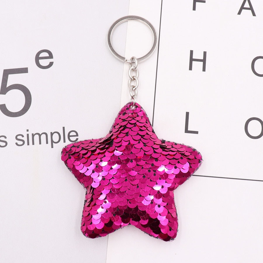 Hot Pink Sea Star Sequins Keychain for Women Ladies Mom Gift Keyring Girl Car