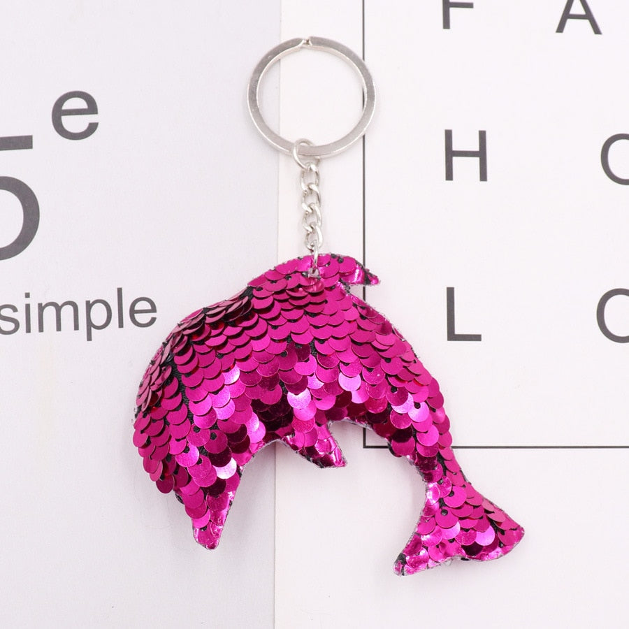 Hot Pink Dolphin Sequins Keychain for Women Ladies Mom Gift Keyring Girl Car Bag