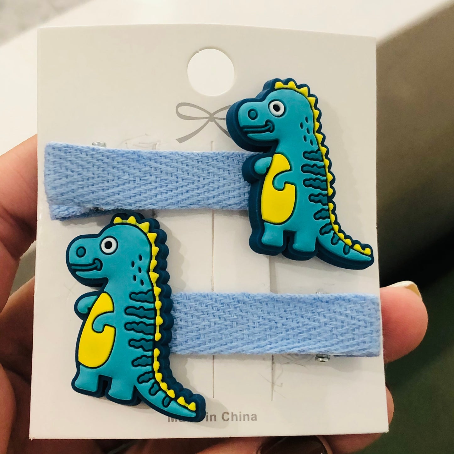 2Pcs Striped Dinosaur With Yellow Tummy Children Hair Clips Rubber Decor Kids