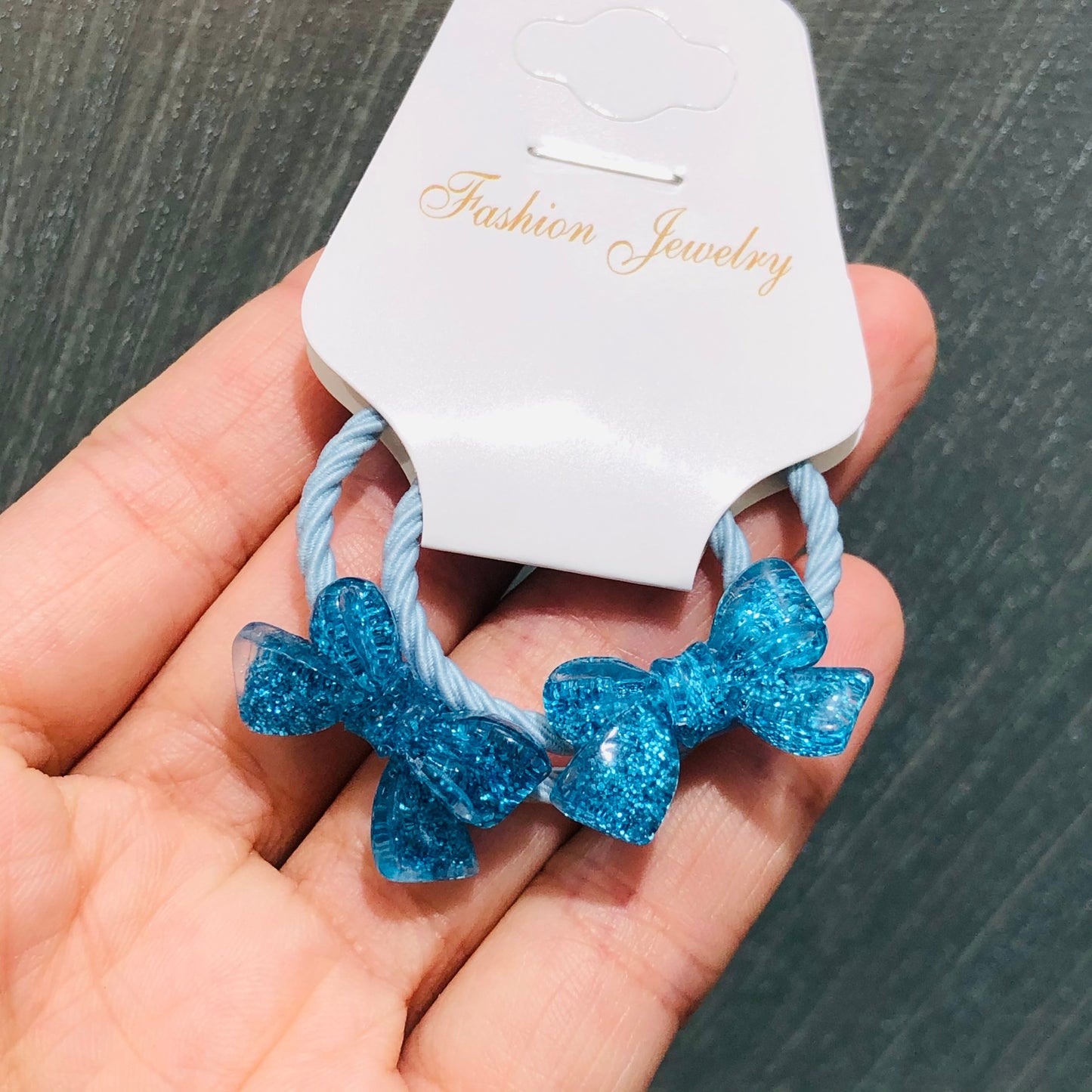 2Pcs Blue Glitter Bow Girls Elastic Hair Bands Ponytail Hair Ties Kids Headband