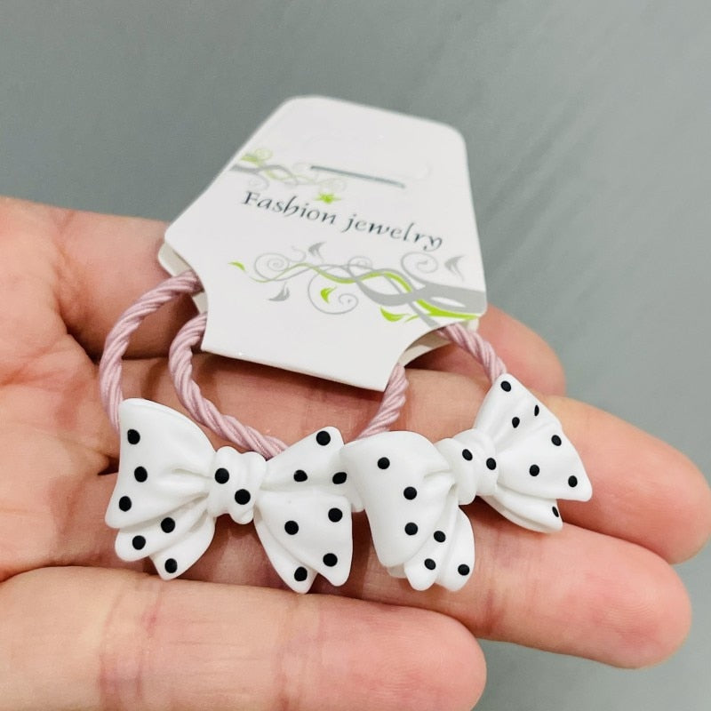 2Pcs White Polka Dot Bow Girls Elastic Hair Bands Ponytail Hair Ties Kids