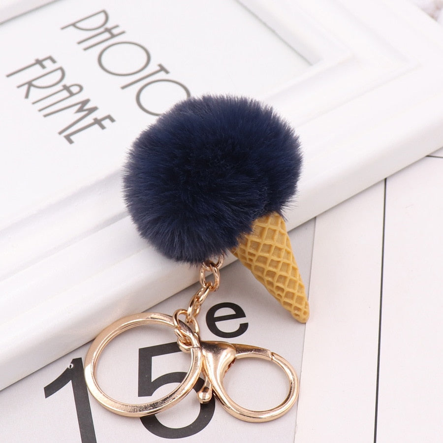 11 Styles Ice Cream Keychain Soft Artificial Rex Rabbit Hair Ball Keyring Pom