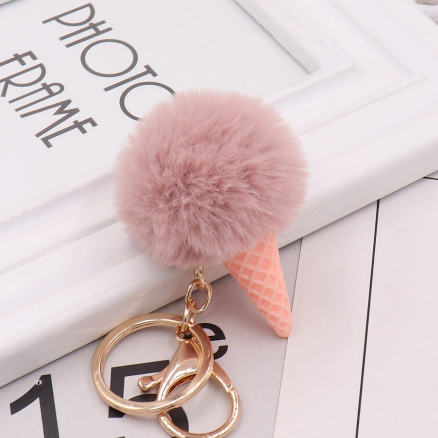 Greish Ice Cream Keychain Soft Artificial Rex Rabbit Hair Ball Keyring Pom Pom