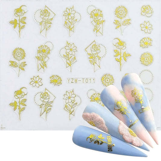 Gold Flowers and Rose Nail Stickers Manicure Nails Decal Self-adhesive DIY Nail