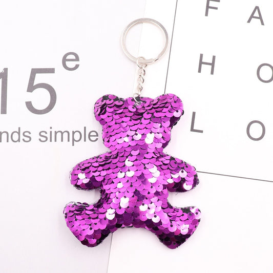 Purple Bear Sequins Keychain for Women Ladies Mom Gift Keyring Girl Car Bag