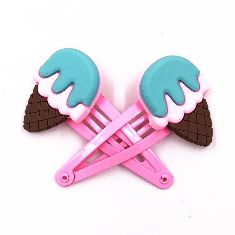 2Pcs Mixed Ice Cream Decor Pink Snap Clips Hairpins Cartoon Barrettes Kids Hair