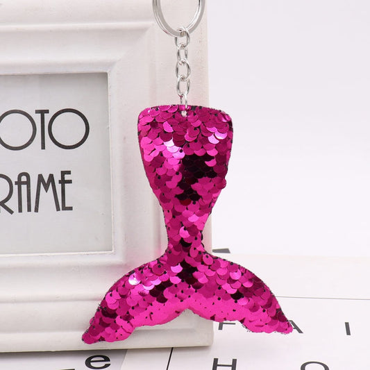 Mermaid Tail Hot Pink Sequins Keychain for Women Ladies Mom Gift Keyring Girl