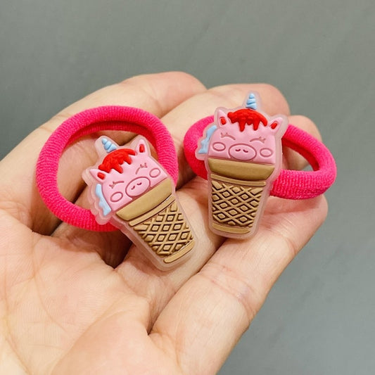 2Pcs Pink Pig Ice Cream Girls Rubber Hair Clips Elastic Bands Children Headwear