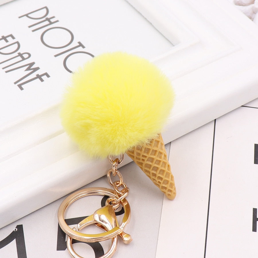 Yellow Ice Cream Keychain Soft Artificial Rex Rabbit Hair Ball Keyring Pom Pom