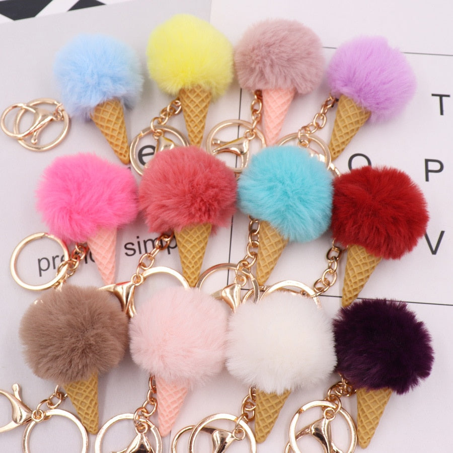 11 Styles Ice Cream Keychain Soft Artificial Rex Rabbit Hair Ball Keyring Pom