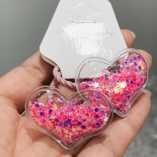 2Pcs Holographic Glitter Heart Girls Elastic Hair Bands Ponytail Hair Ties Kids