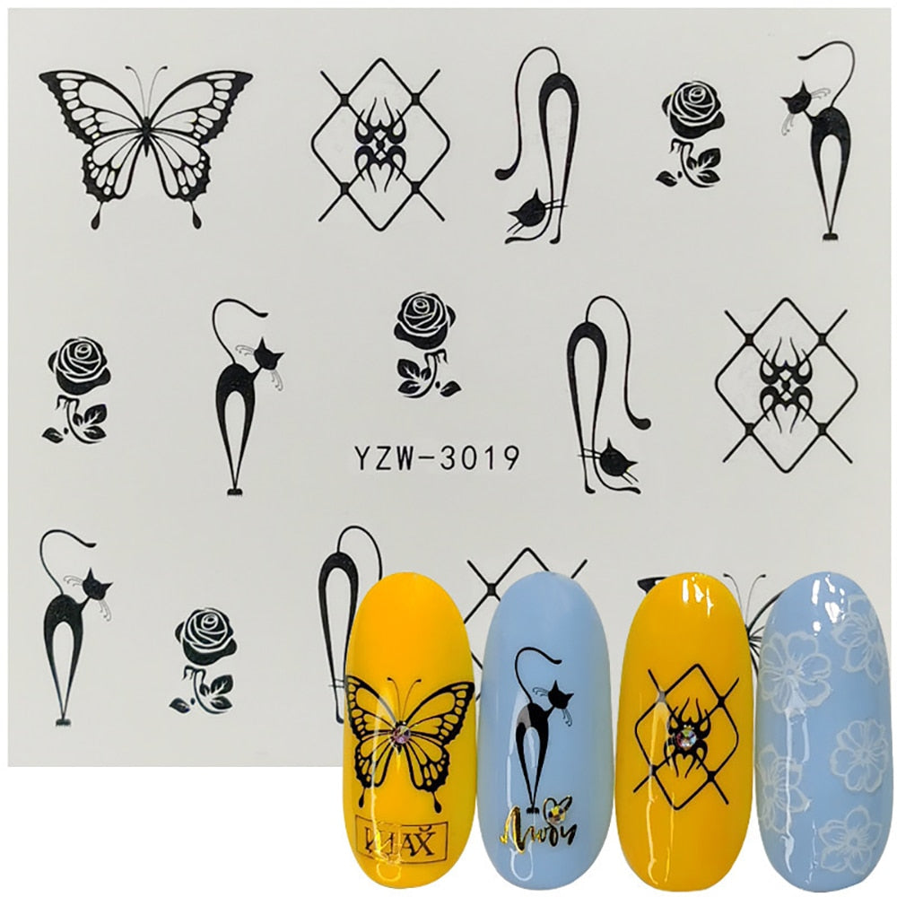 Cat Rose Butterfly Nail Stickers Patten Nail Art Decals DIY Nails Watermark