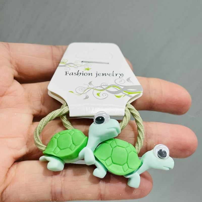 2Pcs Green Turtles Girls Rubber Hair Clips Elastic Bands Children Headwear