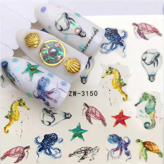 Seahorse and Turtle Nails Stickers Watermark Nails Decal Creative Nails Art