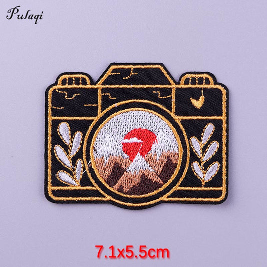 Red Sun Mountains Pattern Camera Patch Iron On Patches Clothes Cartoon Stickers