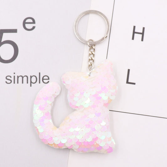 White Cat Sequins Keychain for Women Ladies Mom Gift Keyring Girl Car Bag Charm