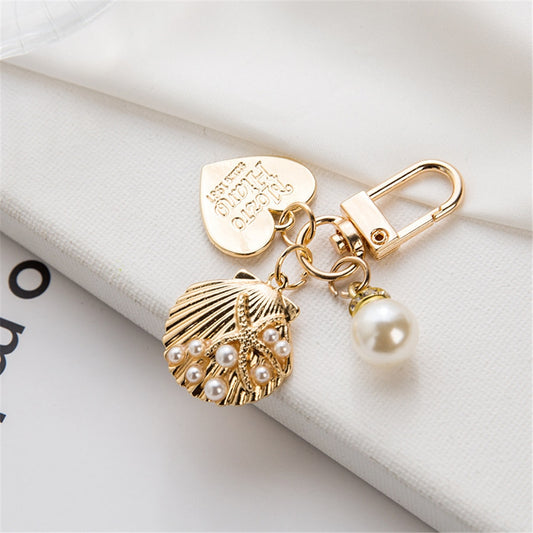 Scallop Shell Heart Pearl Keychain Charms Ins Metal Accessories Ladies Bag