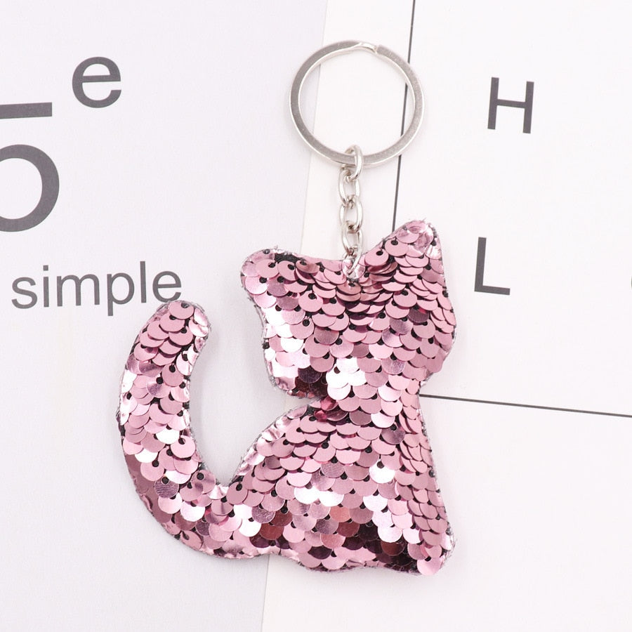 Light Pink Cat Sequins Keychain for Women Ladies Mom Gift Keyring Girl Car Bag