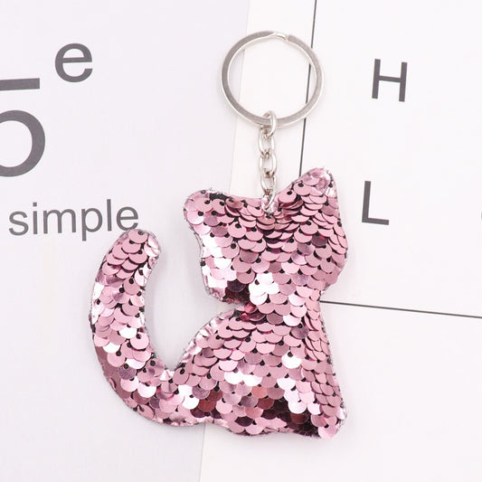 Light Pink Cat Sequins Keychain for Women Ladies Mom Gift Keyring Girl Car Bag