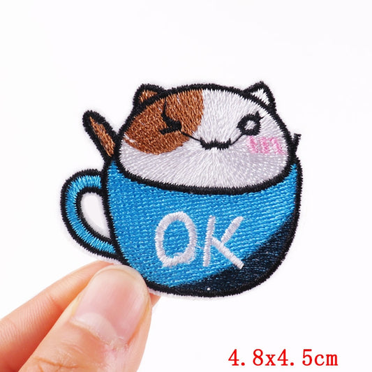 OK Word Cat In Cup Cartoon Patches Clothing Sticker Patch Decal Embroidery