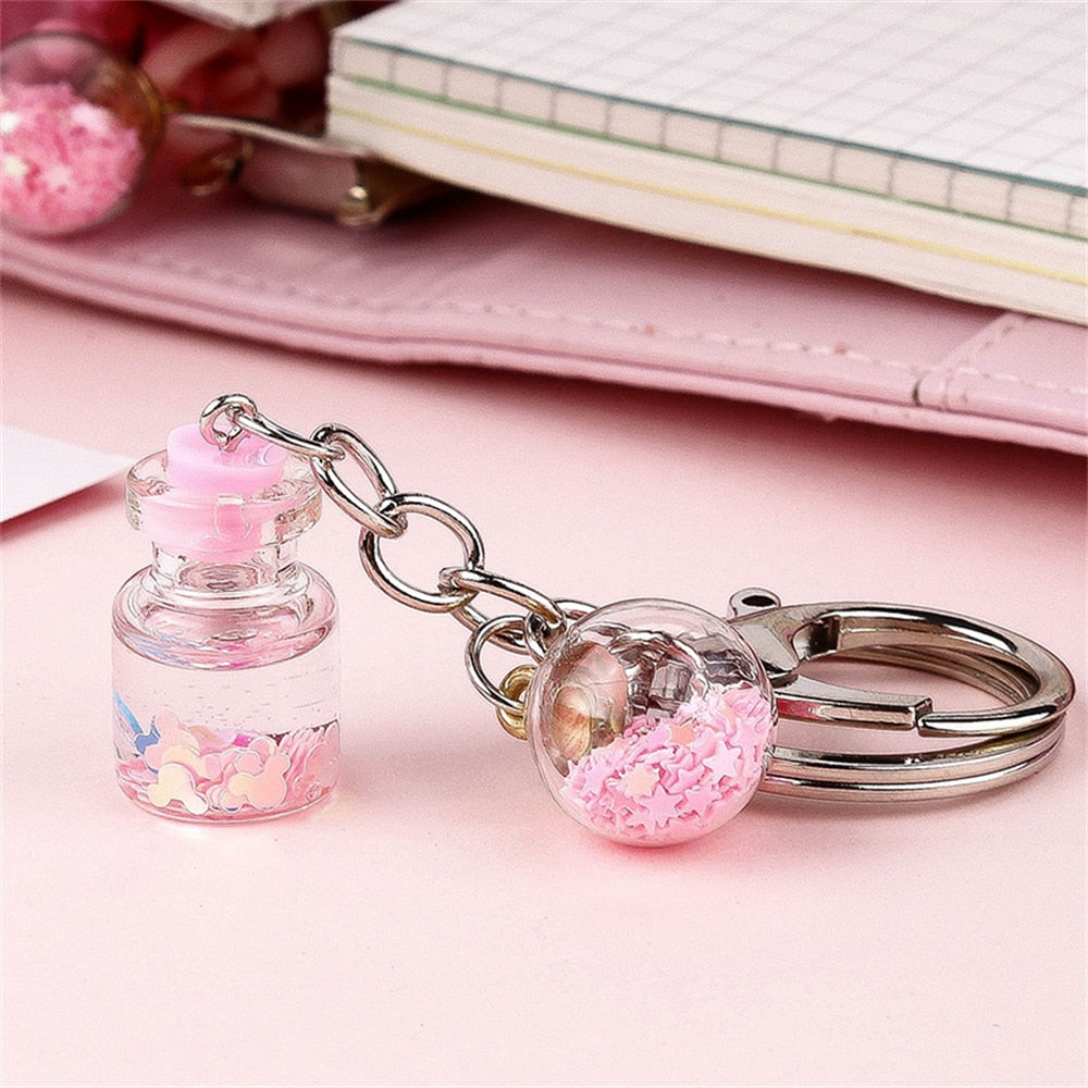 7 Styles Bottle With Glitter Flower Decor Keychain Gift Cute Charms Keyring