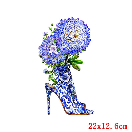 Blue Floral Pattern Shoe Flowers Iron on Sticker Girl Clothes Cartoon Patches