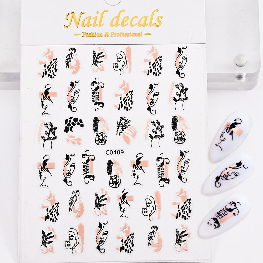 Rose Gold and Black Plants Nails Stickers Adhesive DIY Nail Art Decals Nail