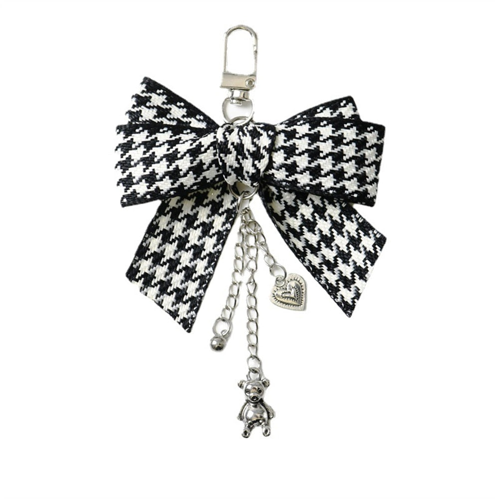 Bear Pendant Black and White Plaid Bow Keychain Pendant Keyring Car Key Holder