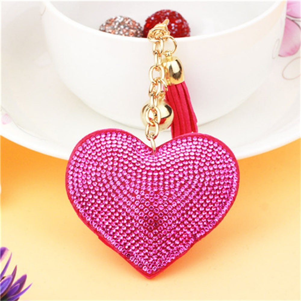 Hot Pink Heart Full Rhinestone Keychain PU Leather Tassel Keyring for Women Car