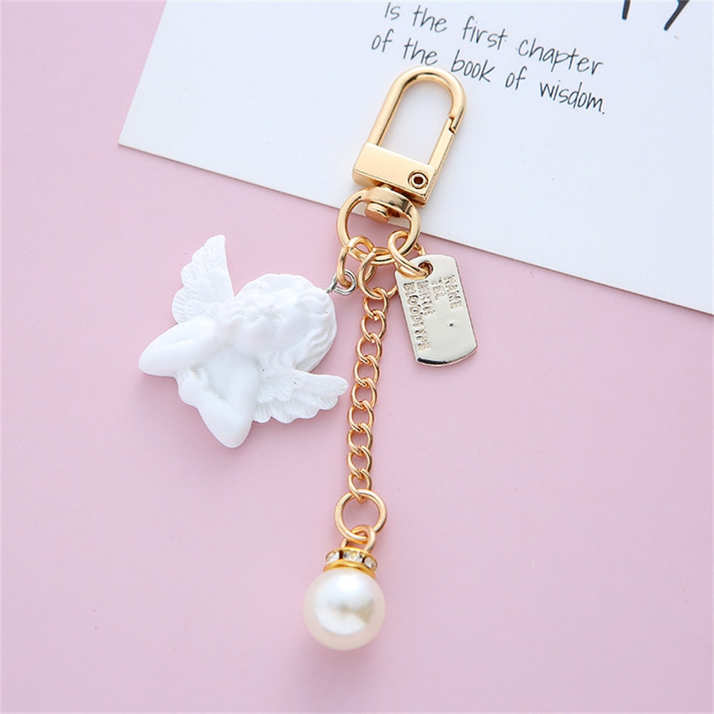 6 Styles Retro White Angel Keychain Charms Earphone Case Key Holder Girl Cute