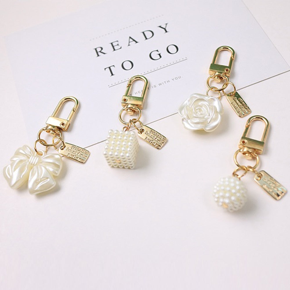 4 Styles White Rose Bowknot Keychain for Women Girls Car Key Holder Pearl Tassel