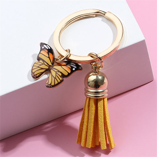 Yellow Dripping Oil Butterfly Charms Keychain Tassel Girl Fashion Key Rings