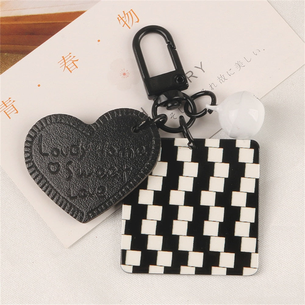 6 Styles Creative Acrylic Keychain Black White Plaid Keyring With Pearl Small