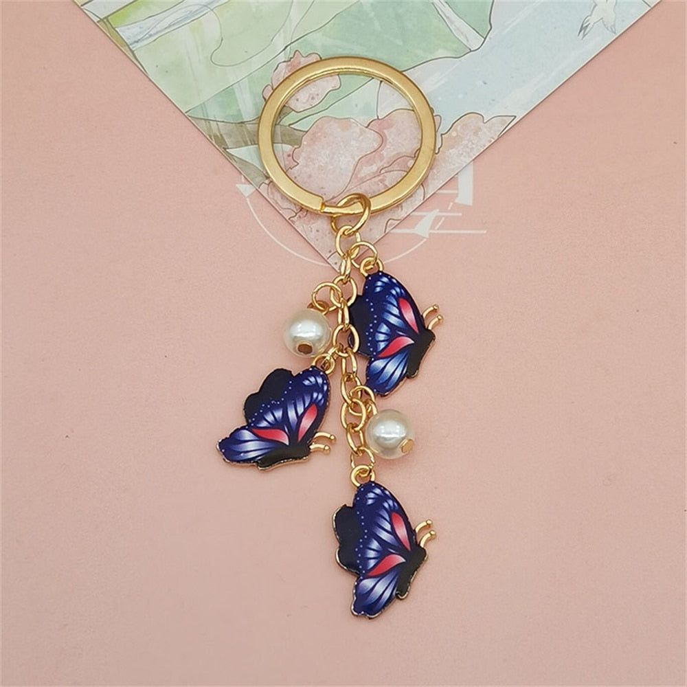 Dark Blue Simulation Butterfly Pearl Key Chain Painted Butterfly Pendant Keyring