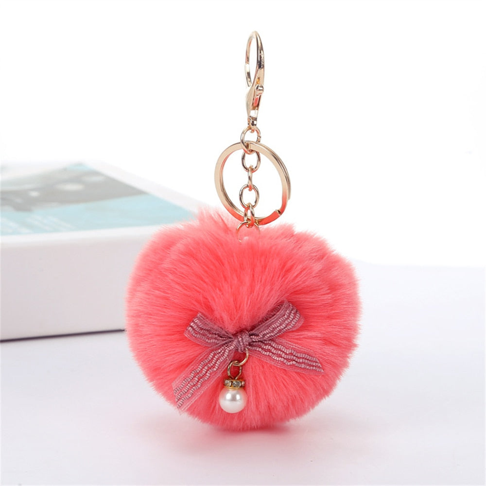 Bow Decor Pink Plush Charms Keychain Women Bag Ornaments Cartoon Keyring