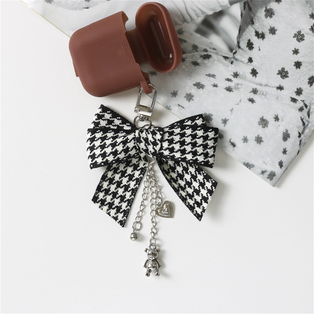 Bear Pendant Black and White Plaid Bow Keychain Pendant Keyring Car Key Holder