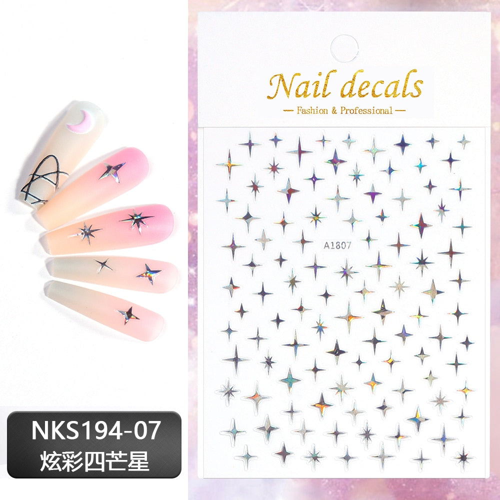 Holographic Silver Star Nails Stickers Adhesive DIY Nail Art Decals Nail