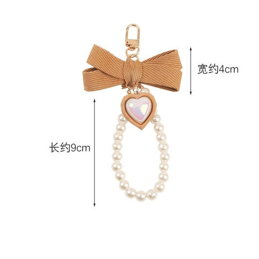 Brown Fabric Bow Keychain With Pearl Resin Heart Key Ring Charms For Women Bag