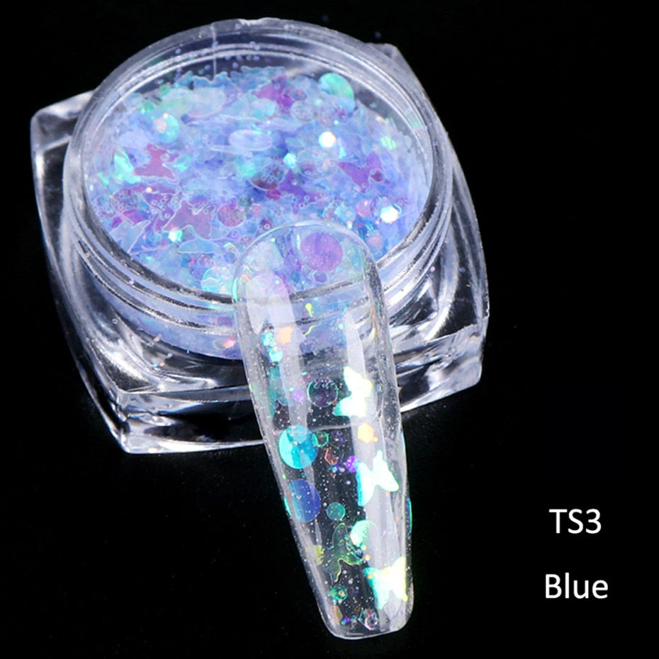 Blue Holographic Butterfly Dots Nail Glitter Decoration Nail Art Decor DIY