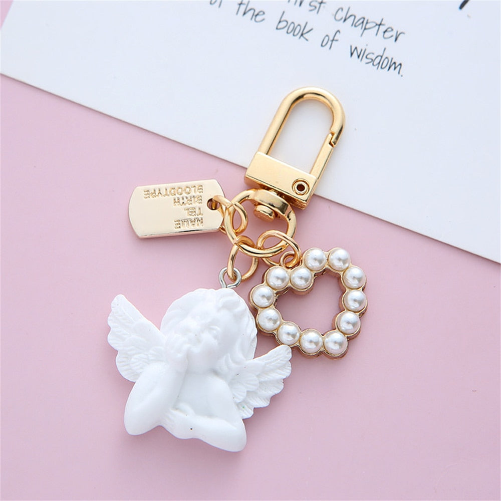 6 Styles Retro White Angel Keychain Charms Earphone Case Key Holder Girl Cute