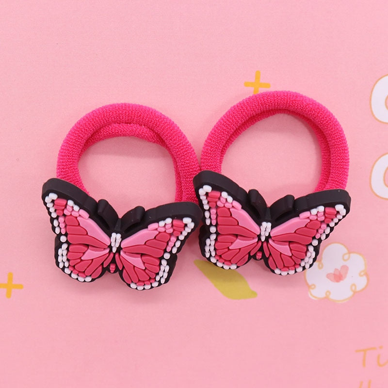 2Pcs Hot Pink Butterfly Cute Rubber Band Hairbands Creative Scrunchies Kids