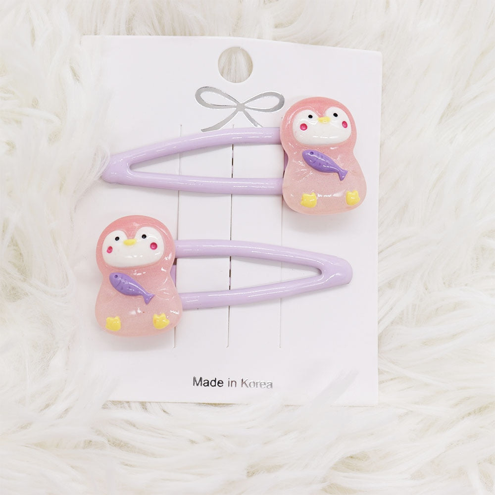 2Pcs Pink Penguin With Fish Hairpin Girl Hair Clip Cartoon Headband Hairpins