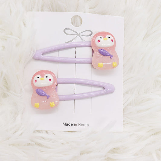 2Pcs Pink Penguin With Fish Hairpin Girl Hair Clip Cartoon Headband Hairpins