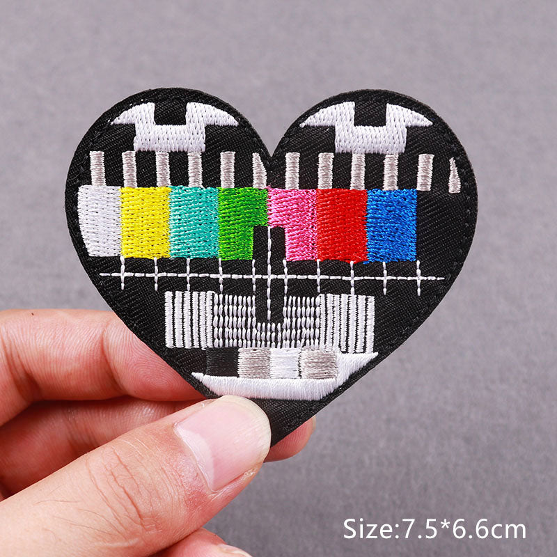 TV Black Heart Embroidery Patch Iron On Patches Clothing Music Badges