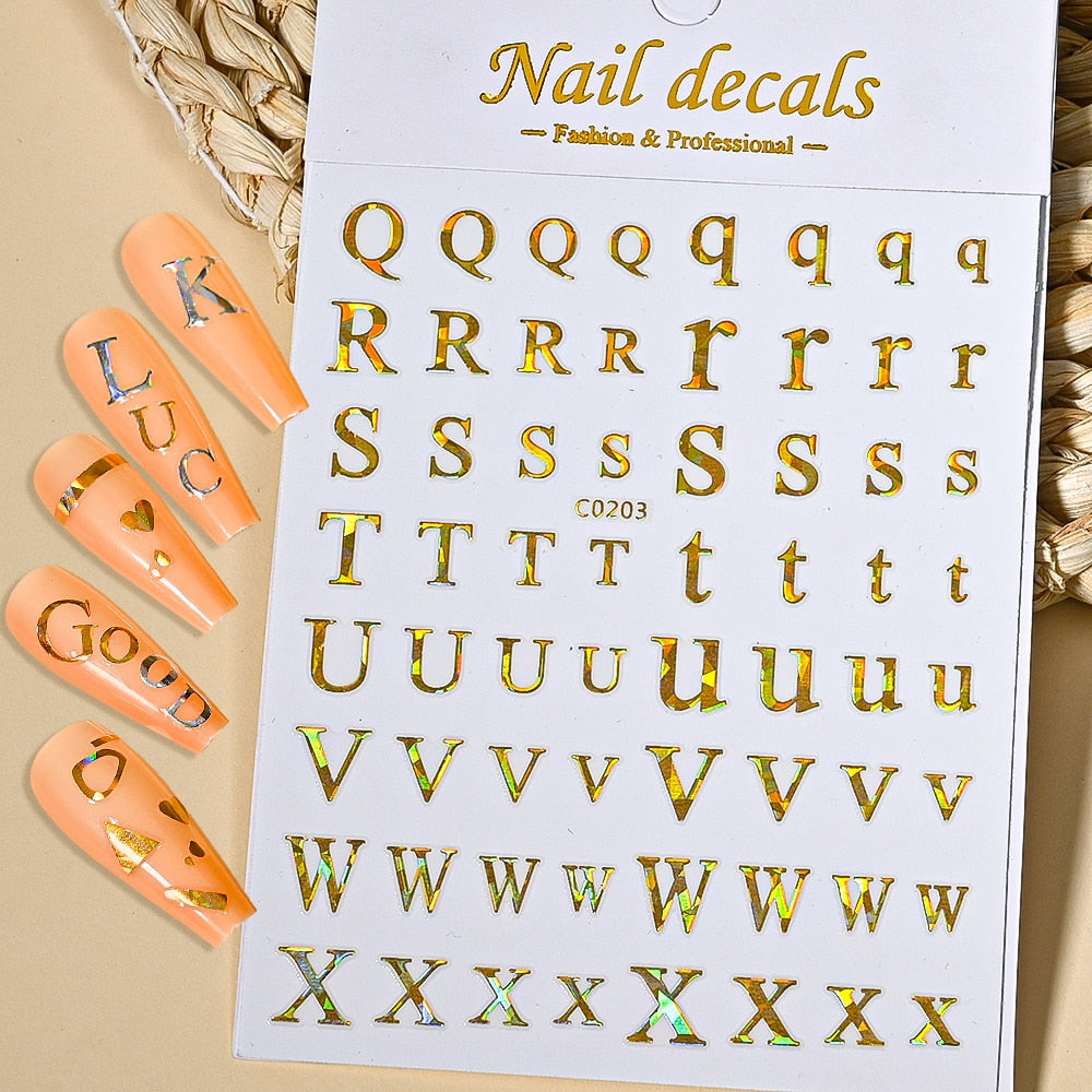 Gold Letters Nails Stickers Adhesive DIY Nail Art Decals Nail Accessories